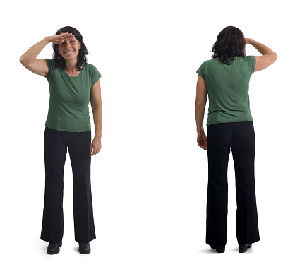 front and back view of same woman with her hand on her forehead looking into the distance on white background