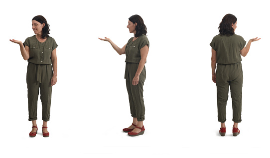 front side and back view of same woman showing an imaginary object in her hand on white background