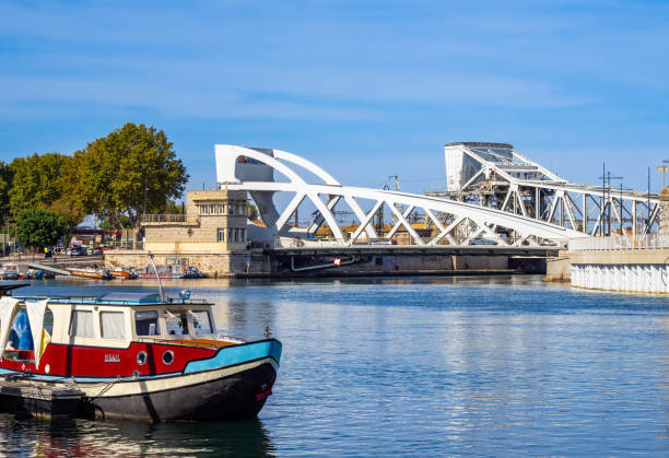 Sete, France - October 6, 2023: Metal drawbridge in Sete, a port city on the Mediterranean coast of southern France - called the Venice of Languedoc.