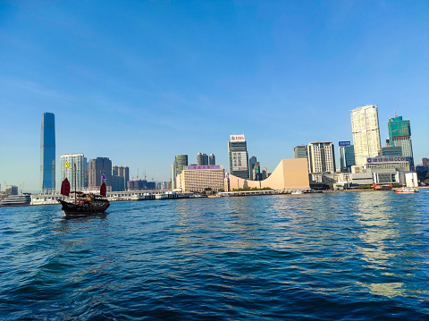 Hong Kong, December 24,2023 : The Aqua Luna, known in Cantonese as the Cheung Po Tsai, is a Chinese Junk operating in Victoria Harbour, Hong Kong.