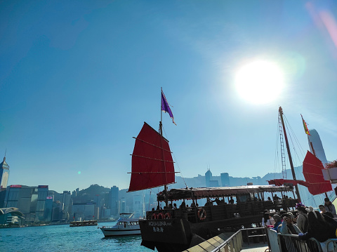 Hong Kong, December 24,2023 : The Aqua Luna, known in Cantonese as the Cheung Po Tsai, is a Chinese Junk operating in Victoria Harbour, Hong Kong.