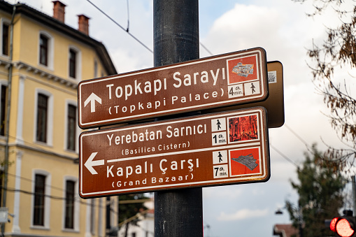 Tourist signs in Sultanahmet district. Istanbul, Turkey - December 23, 2023.