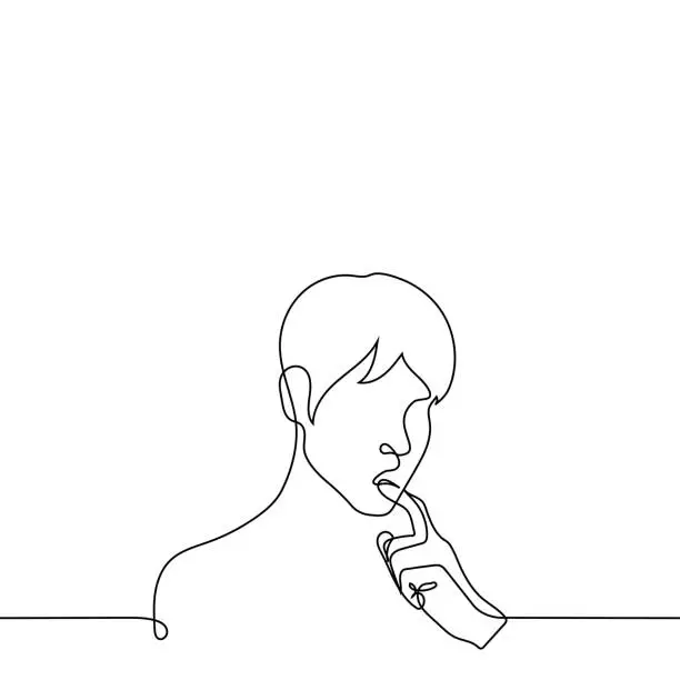 Vector illustration of man thinking with finger on lower lip - one line drawing vector. male portrait. concept confused, surprised, curious