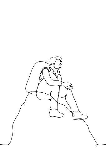 traveler with backpack on his back sits on top of a mountain - one line drawing vector. concept of lonely traveler, climber, metaphor to get to the goal