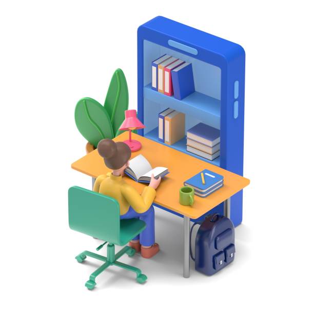 Student studying at home. Can use for web banner, infographics, hero images.3D illustration of Asian woman Angela.3D rendering on white background.