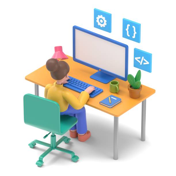 istock Programmer at work concept banner. Can use for web banner, infographics, hero images.3D illustration of Asian woman Angela.3D rendering on white background. 1917150094