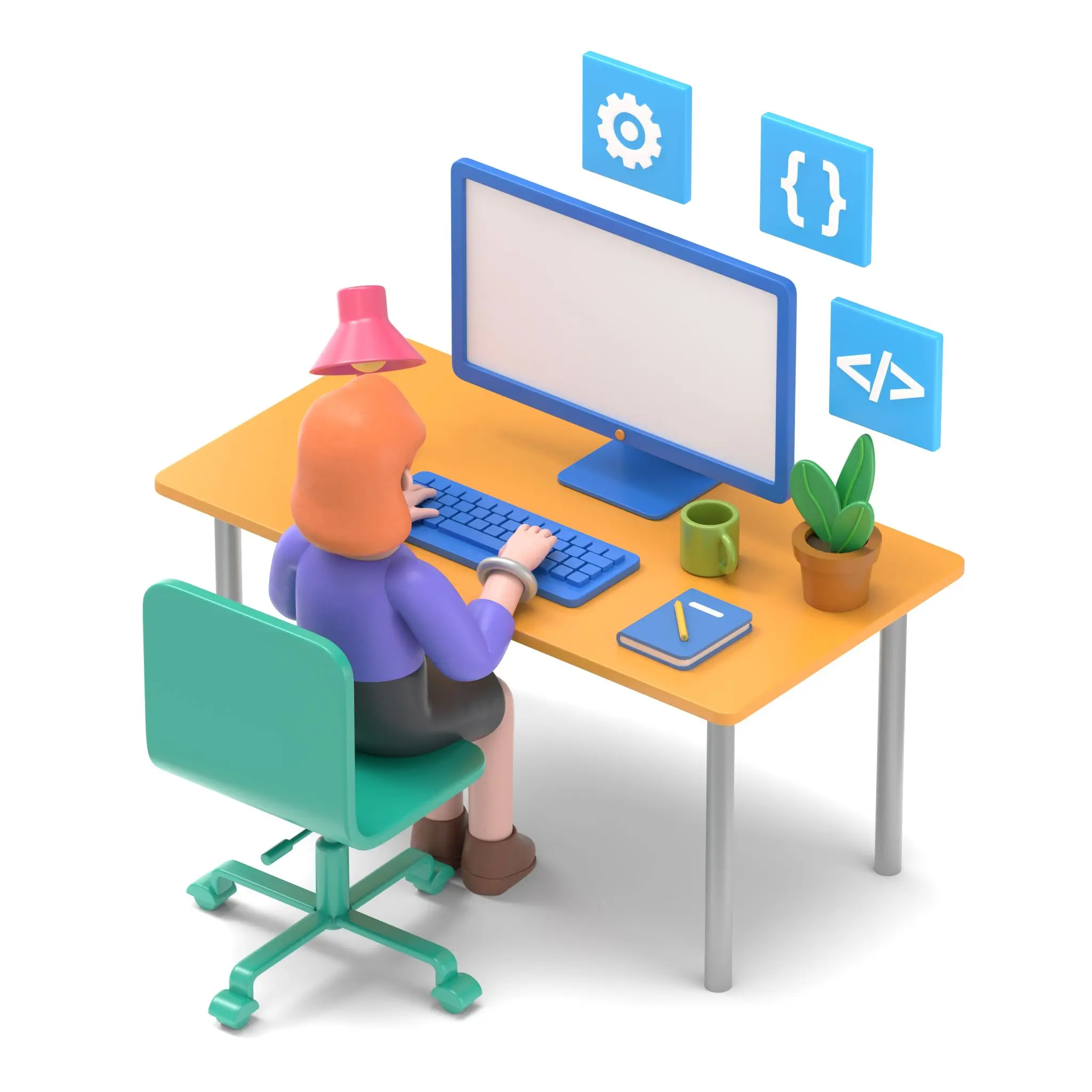 Programmer at work concept banner. Can use for web banner, infographics, hero images.3D illustration of European businesswoman Ellen.3D rendering on white background.