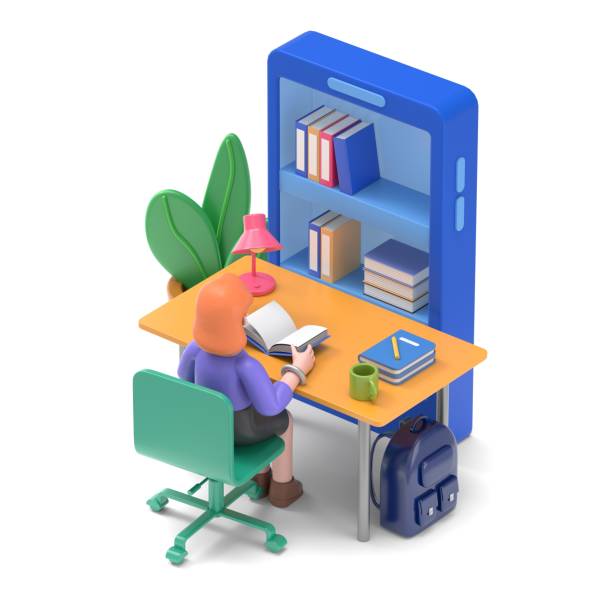 istock Student studying at home. Can use for web banner, infographics, hero images.3D illustration of European businesswoman Ellen.3D rendering on white background. 1917150616