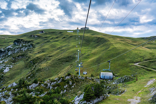 Chairlift or cable car riding over Swiss Alps on Stoos village and mountain landscape at Morschach, Schwyz, Switzerland