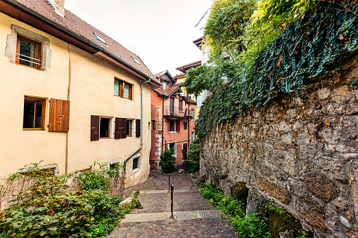 Architecture medieval old town exterior building, narrow alley street in city of Annecy at Haute Savoie, France