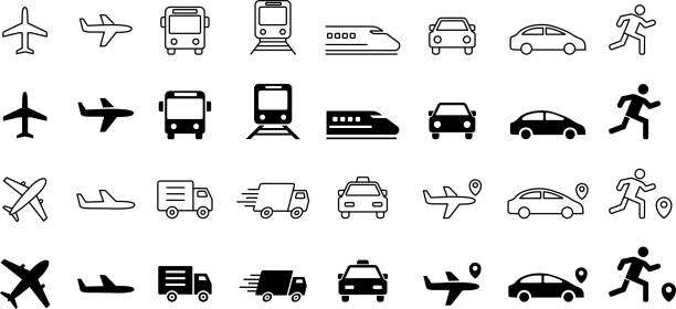 ilustrações de stock, clip art, desenhos animados e ícones de monochrome vector line drawing and silhouette transportation icon set - drive