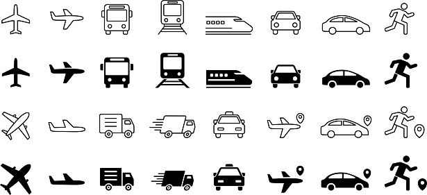 Monochrome vector line drawing and silhouette transportation icon set