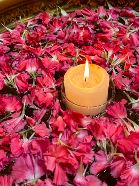 istock Full frame image of illuminated candle surrounded by dark pink carnation (Dianthus caryophyllus) petals floating in water, uruli / urli (metal water dish), traditional Indian home, hotel or temple welcome to guests, elevated view, focus on foreground 1917169289
