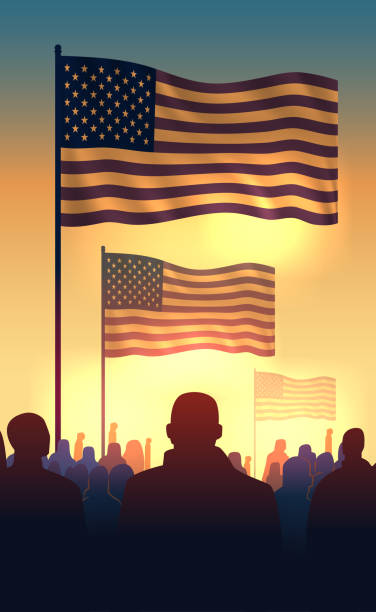 silhouettes with american flags protesters group silhouettes with american flags civil rights leader stock illustrations