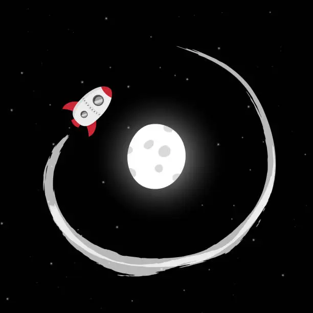 Vector illustration of A white-red rocket with two portholes makes a flyby around the shining moon with craters.