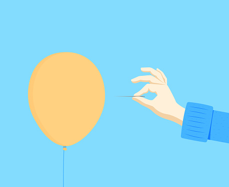The hand with the needle reaches for the orange balloon with the bad intention of bursting it. The concept of betrayal, bad deed, undermined trust. Vector illustration.