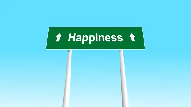 Vector illustration of A road sign that says Happiness and indicates the direction forward. The road to happiness.