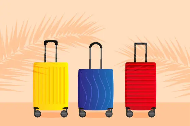 Vector illustration of A set of three travel suitcases on a beige background with shadows from palm leaves.