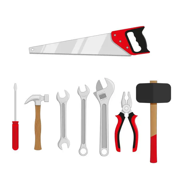 Vector illustration of A set of tools for manual work. Saw, hammer screwdriver, wrenches, pliers, mallet.