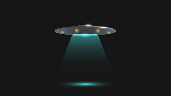 An unidentified flying object in the shape of a flying saucer with a beam of light directed at the earth. a spaceship with aliens. Alien abduction. Vector illustration.
