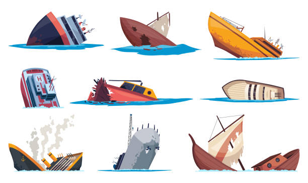 ilustraciones, imágenes clip art, dibujos animados e iconos de stock de conjunto de naves dañadas. choque o accidente en el mar. catástrofe marina. buque de carga que se hunde en diseño plano. falla de la embarcación, problema de rescate, transporte náutico - storm sailing ship sea shipwreck