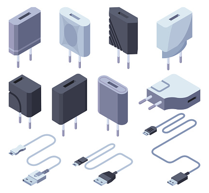 Charger isometric icons set. USB socket plug in. Mobile phone chargers, charging equipment. Vector illustration for web design isolated on white background.