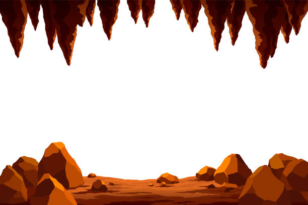 illustrations, cliparts, dessins animés et icônes de vue de la grotte ou du cadre vectoriel de tunnel dans le style de dessin animé. paysage de grotte avec place pour le texte. illustration de bande dessinée plate avec un centre vide - grotte