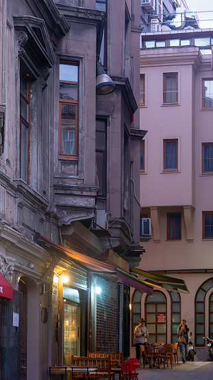 Istanbul, Turkey,Dec 29, 2023 Old buidings with balconies on the street of Beyoglu. Beyoğlu is a touristic district with the most historical buildings in Istanbul