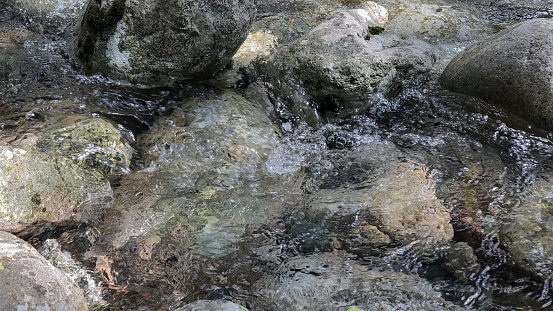 Water flowing over rocks in a stream, closeup of photo.