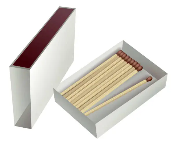 Vector illustration of Opened matchbox. Sulphur and wooden sticks lying in open case. Top view and isometric projection vector illustration isolated on white background