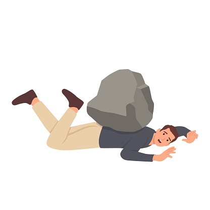 Businessman with his head squeezed between a rock. Flat vector illustration isolated on white background