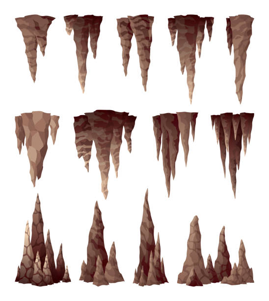 stalagmit stalaktytowy. wiszące i wznoszące się ku górze formacje mineralne w kształcie sopla lodu. natura brązowe wapienie, materialna ikona kamienia. naturalne formacje geologiczne wzrostu - stalactite stock illustrations