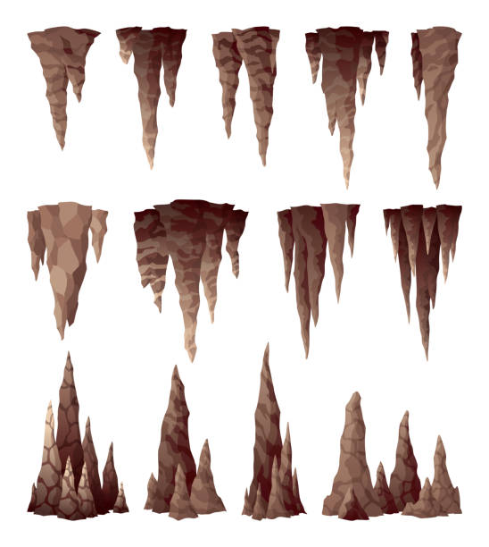 ilustrações, clipart, desenhos animados e ícones de estalactite estalagmite. formações minerais em forma de icicle penduradas e ascendentes na caverna. calcários castanhos da natureza, ícone de pedra material. formações geológicas naturais de crescimento - stalactite