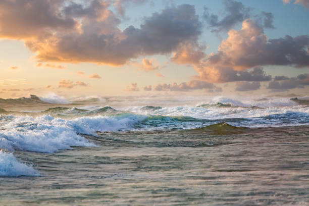 Waves Crashing on Shore at Sunset with Cloudy Sky in Hikkaduwa.