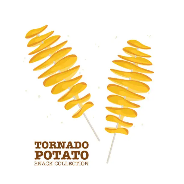 Vector illustration of Vector illustration, twisted spiral chip Potato Tornado Fast food for a street cafe or quick takeaway food isolated on a white cartoon background.