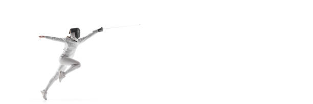 istock Banner. Competitive fencer training attack technique against white studio background with negative space to insert your text. 1917191060