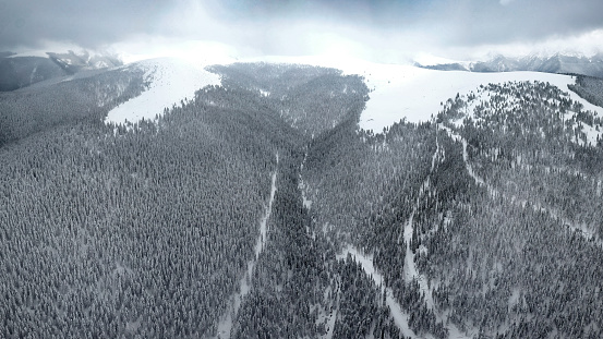 Aerial panorama of a sinuous road winding through the snowed forests of Parang Mountains. Wild coniferous woodlands are growing on the mountain sides. Blizzard on the peaks. Carpathia, Romania.