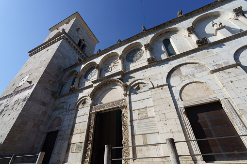 Benevento, Italy - July 11, 2023: Exterior of the medieval cathedral of Benevento, Campania, Italy, known as Santa Maria Assunta de Episcopio