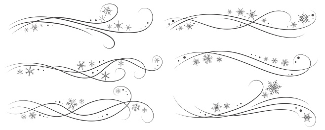 Snow wind doodle illustration. Flakes swirl blizzard. Wavy cold snowstorm. Vector wavy flow foe Christmas decoration.