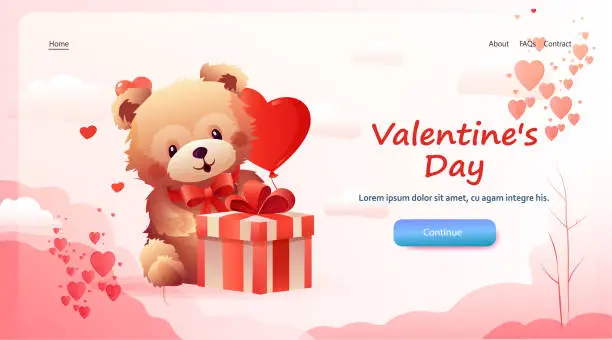 Vector illustration of teddy bear sitting with wrapped gift box happy valentines day celebration greeting card