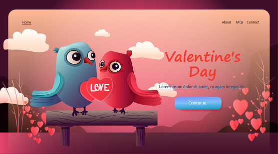 two birds sitting on wooden bench with air balloon happy valentines day celebration greeting card horizontal copy space vector illustration