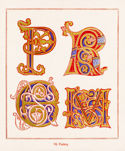 중세 알파벳. 장식용 서예 디자인 - manuscript medieval medieval illuminated letter old stock illustrations
