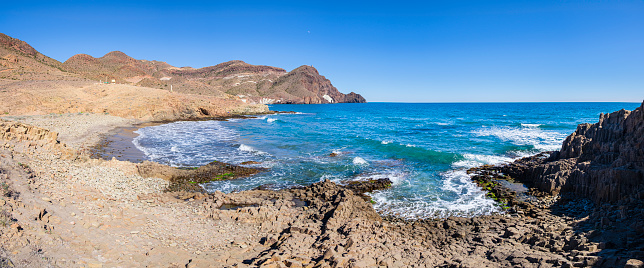 Cala Arena surrounded by a rocky landscape in the Parque Natural de Cabo de Gata-Níjar, a nature reserve located in the south-eastern end of the province of Almería (7 shots stitched)