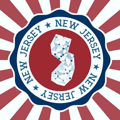 New Jersey Badge. Round logo of us state with triangular mesh map and radial rays. EPS10 Vector.