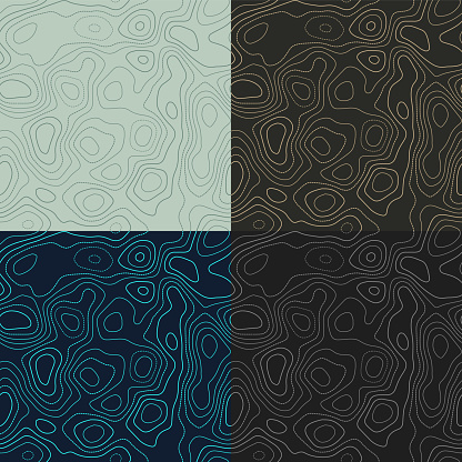 Topography patterns. Seamless elevation map tiles. Amazing isoline background. Trendy tileable patterns. Vector illustration.