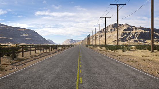 Emtpy straight road through a desert landscape with mountains and blue sky. 3D rendering.