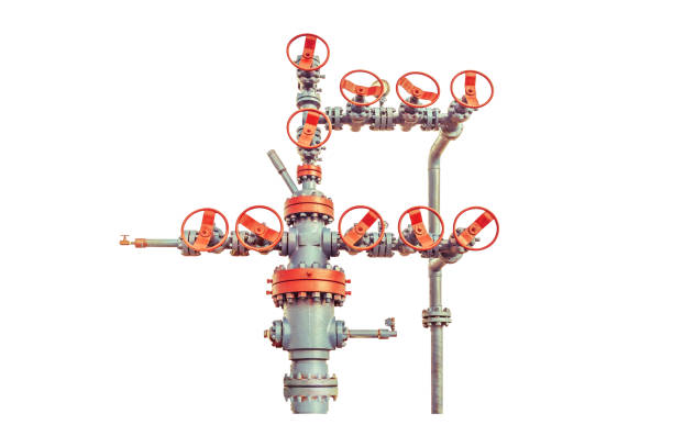 koncepcja przemysłu naftowego i gazowego. ekstrakcja oleju. głowice odwiertów z armaturą zaworową na białym tle. - flanges flange bolt oilfield zdjęcia i obrazy z banku zdjęć