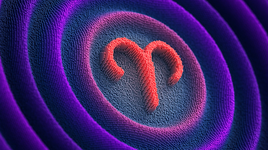 Zodiac sign Aries on the futuristic neon wavy pixelated background. 3d illustration.