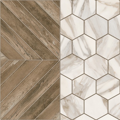 Seamless pattern used for interior and exterior ceramics wall tiles and floor tiles. Hexagon tiles. Transition flooring.