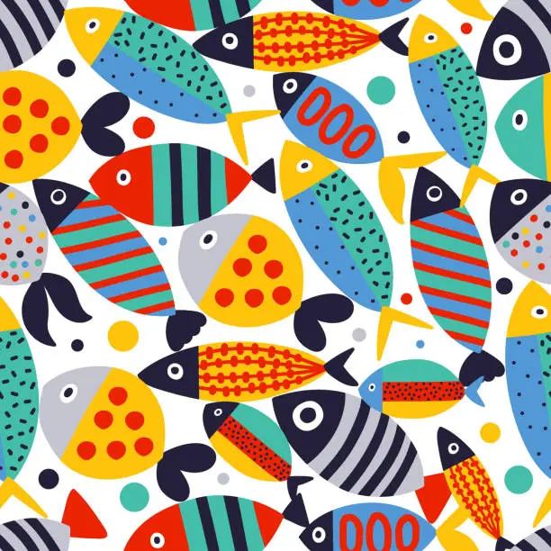 Vector illustration of Cute fish. Sea background. Seamless pattern.